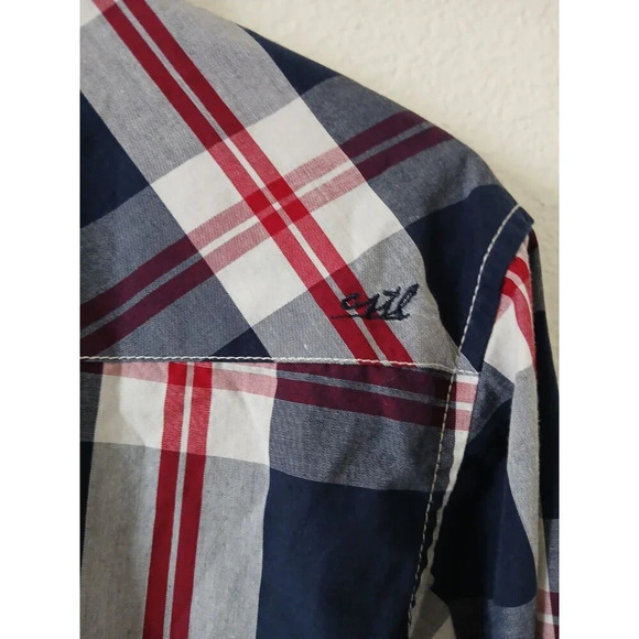 Coastal Shirt Men's Medium Blue Red Plaid Western Cowboy Tab Roll Sleeves Snap - Picture 10 of 16